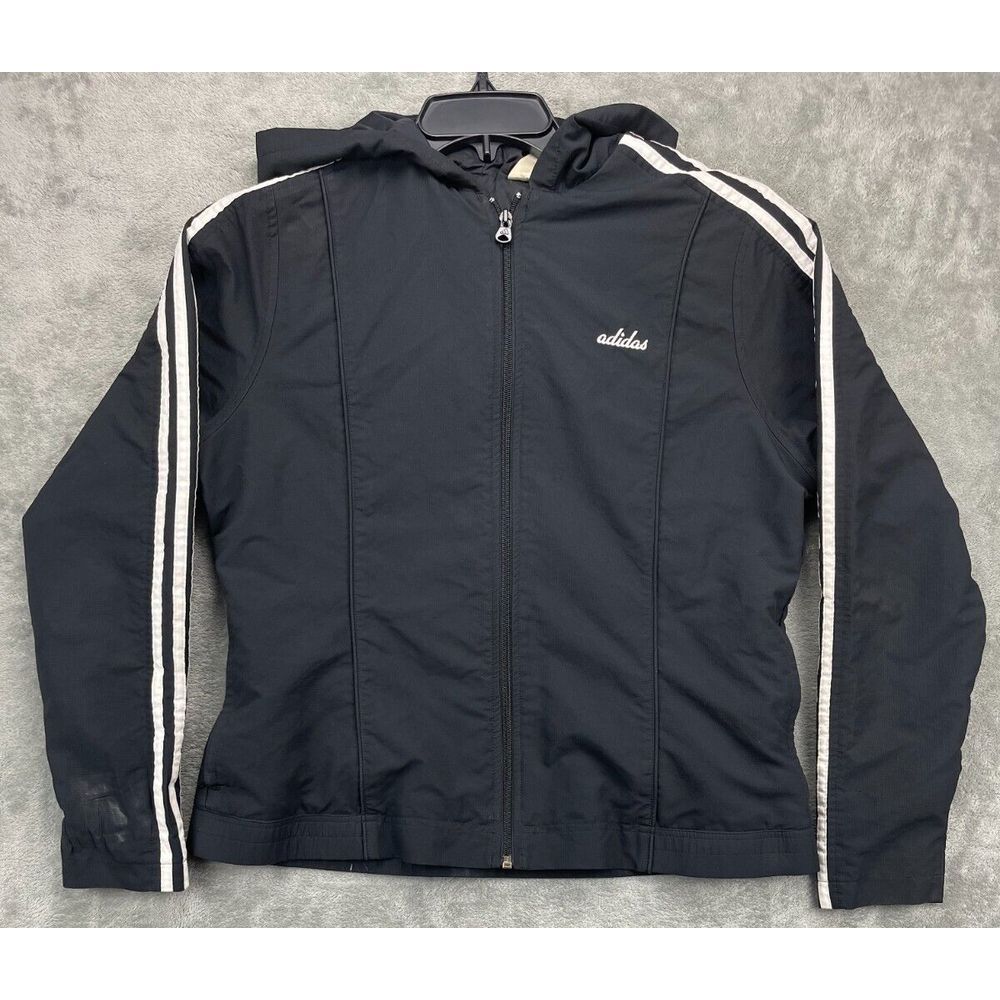 Adidas Women's 3 Stripe Jacket Windbreaker Athletic Cursive Logo L Full Zip